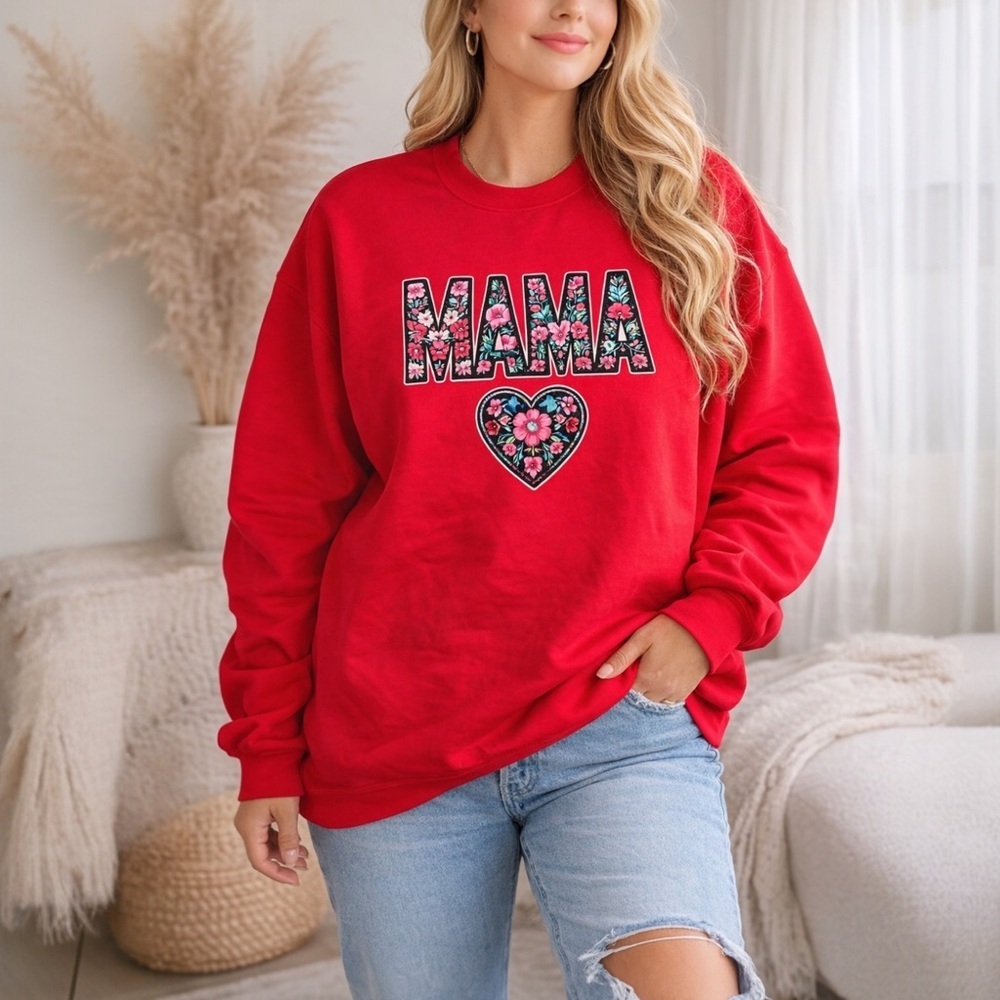 Mama Floral Graphic Sweatshirt Red | Cozy Mom Crewneck 3XL